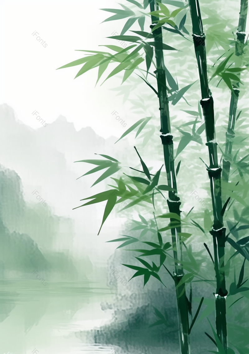 中国风水彩画彩色水彩插画湖泊边上的墨绿色竹林竹子竹叶远处山峰雾气弥漫的背景插画,插画/手绘图,插画/手绘图库,插画/手绘图下载,插画/手绘